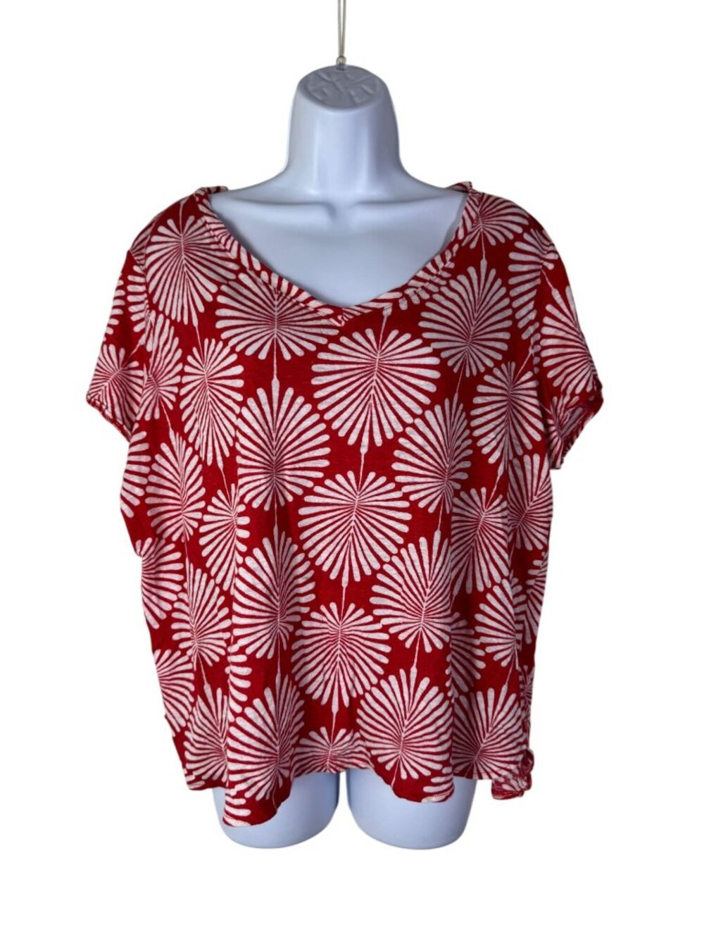 Joie Red‎ White Floral 100% Linen Womens Top Plus 2X Short Sleeve Lightweight
